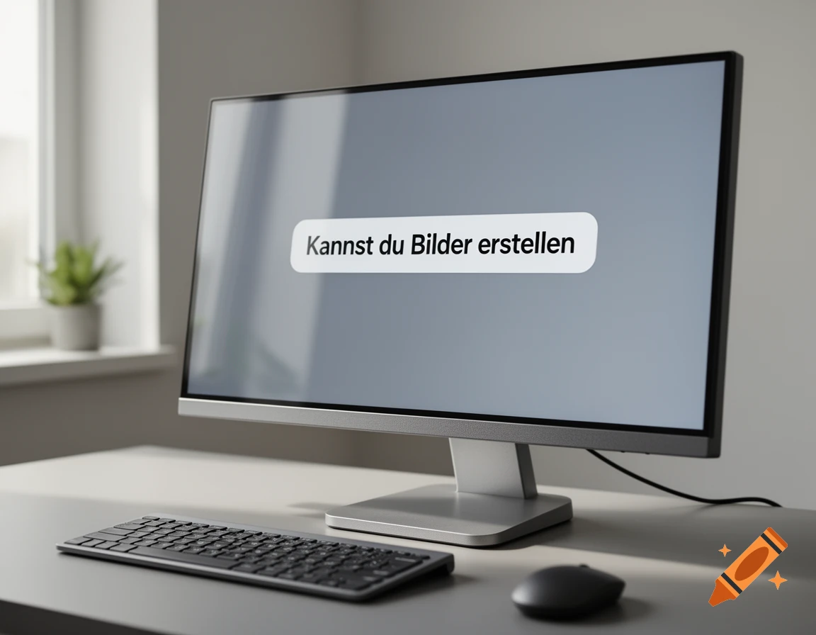 A computer monitor displaying text in a chat bubble on a desk with a keyboard and mouse, photorealistic.