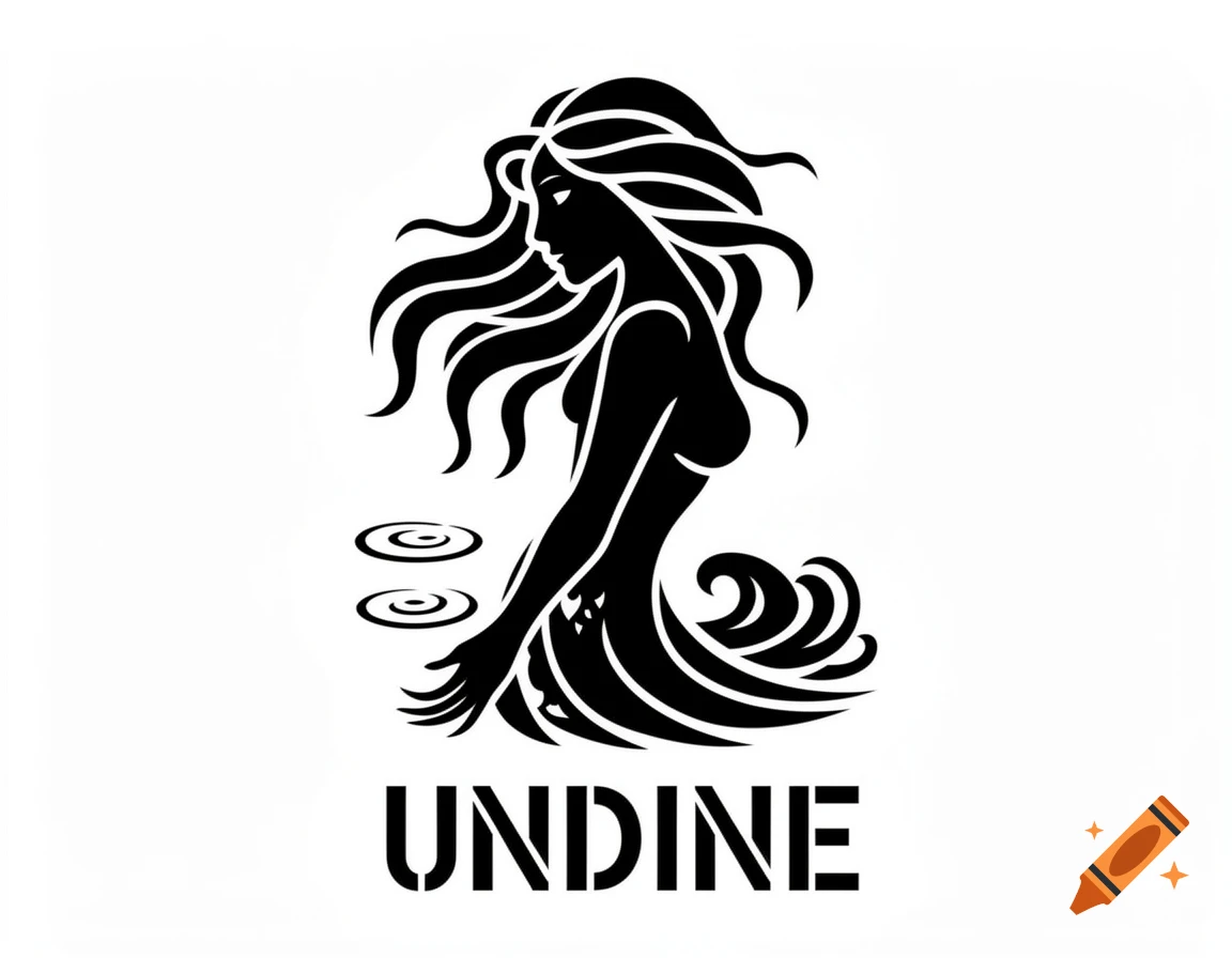 Black stencil silhouette of a mermaid-like undine figure with flowing hair above water ripples, with the word UNDINE below.