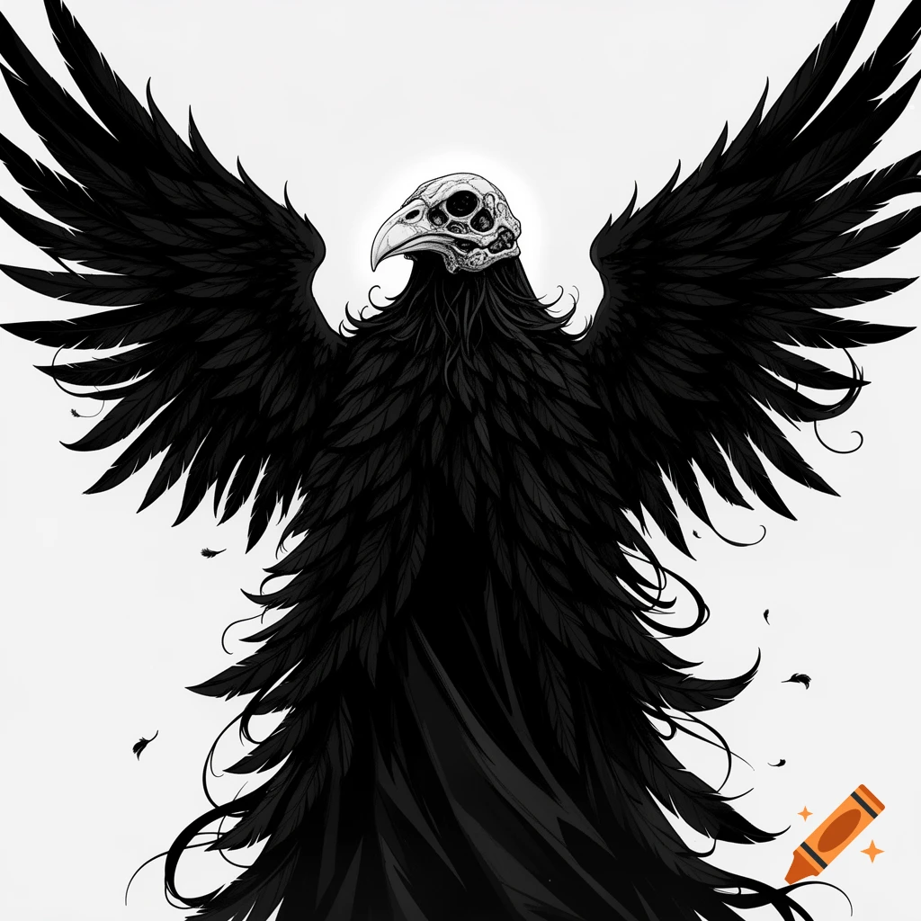 Black and white ink illustration of a figure with large black feathered wings and a bird skull helmet.
