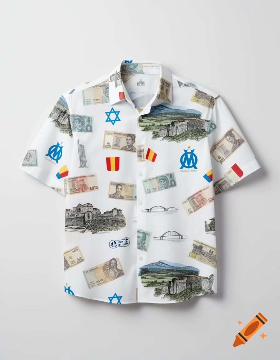 A white short-sleeved collared shirt with an all-over print featuring money bills, landscapes, and symbols.