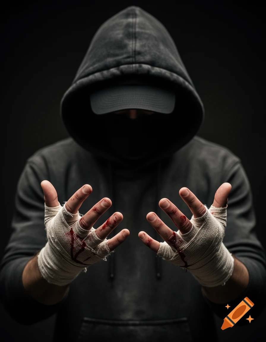 Photorealistic close-up of a person in a dark hoodie holding up hands wrapped in bloody fighter's bandages.