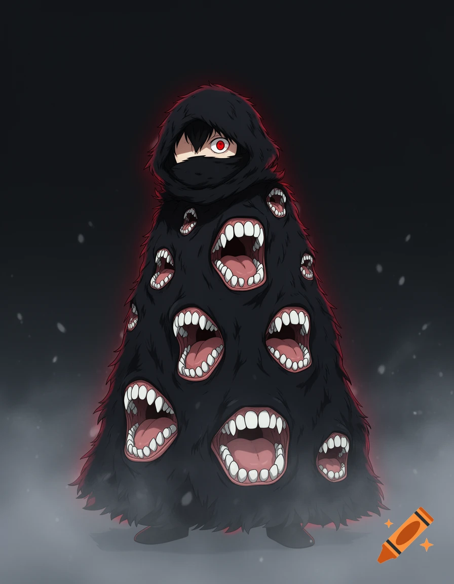 Anime style illustration of a boyish figure wearing a dark fur cloak covered in multiple open toothy mouths, with one visible red eye.