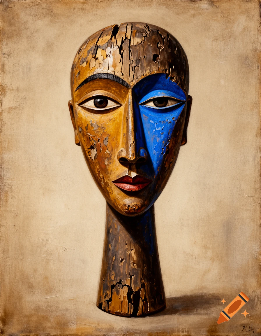Oil painting of an archaic ritual mask with wooden texture and blue accent on one side.