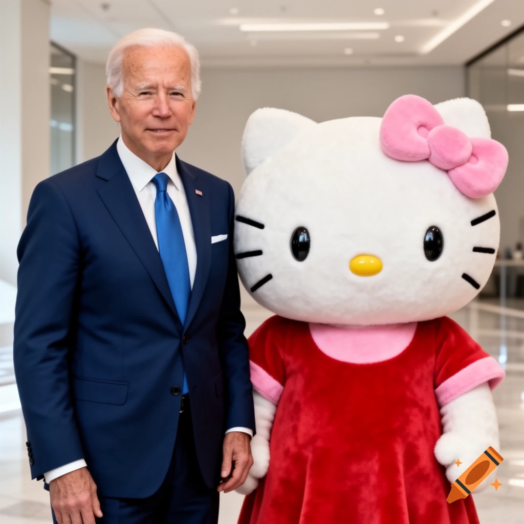 Joe Biden standing next to a Hello Kitty mascot in a modern hallway, photorealistic style.