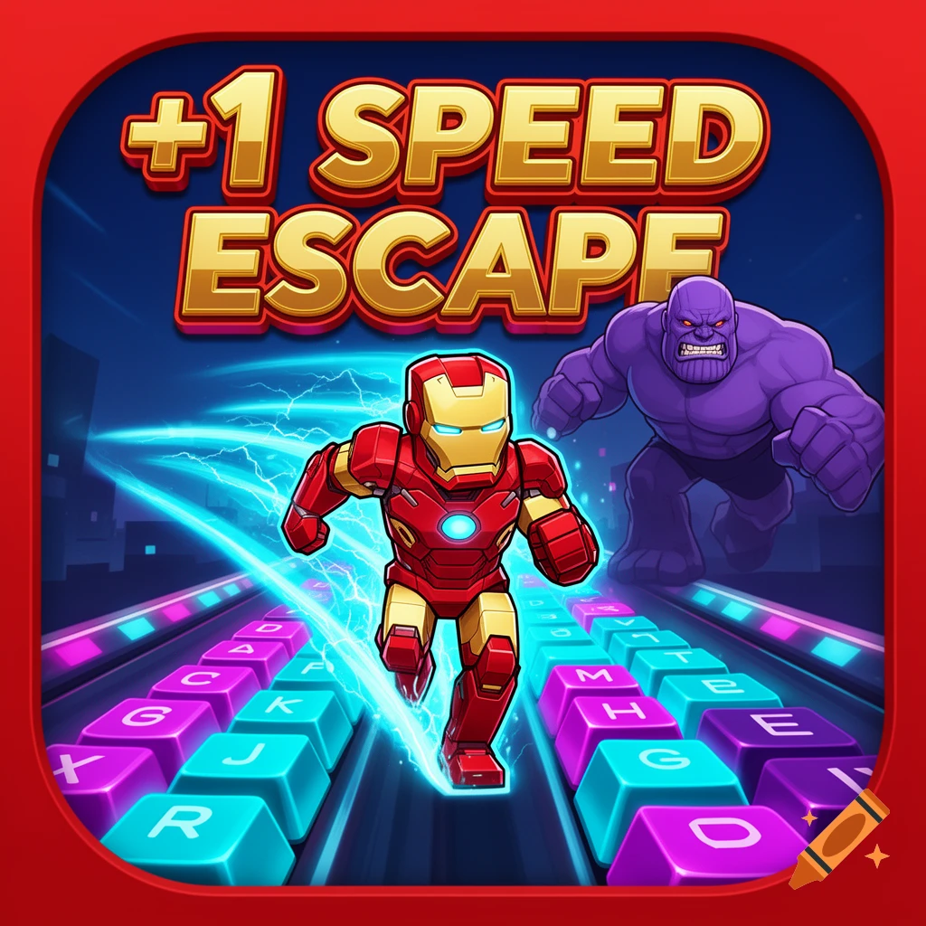 3D game icon featuring an Iron Man avatar sprinting on a neon keyboard track while chased by Thanos, with text +1 SPEED ESCAPE.