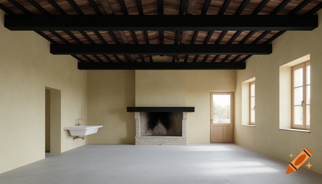 Photorealistic 3D interior view of a rustic farmhouse renovation with exposed wooden beams, stone fireplace, and light walls.