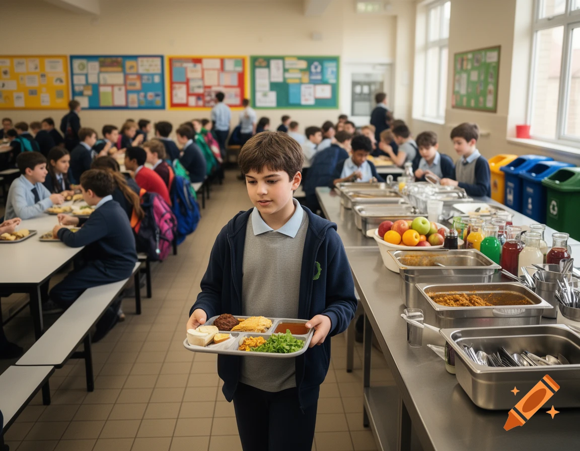 Photorealistic image of a young boy holding a cafeteria tray in a crowded school canteen.