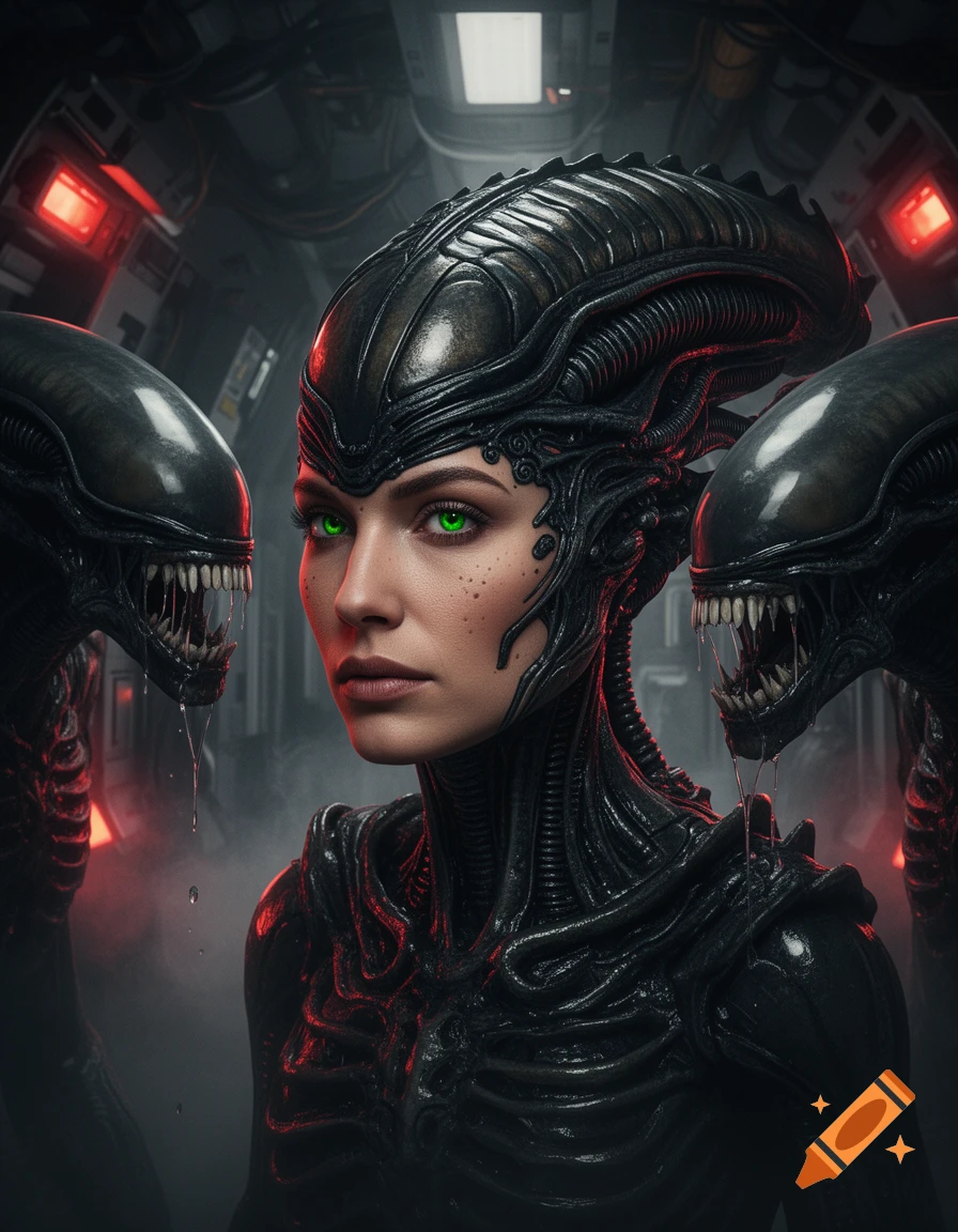 Photorealistic portrait of a cybernetic alien queen with glowing green eyes, flanked by two xenomorphs inside a spaceship.