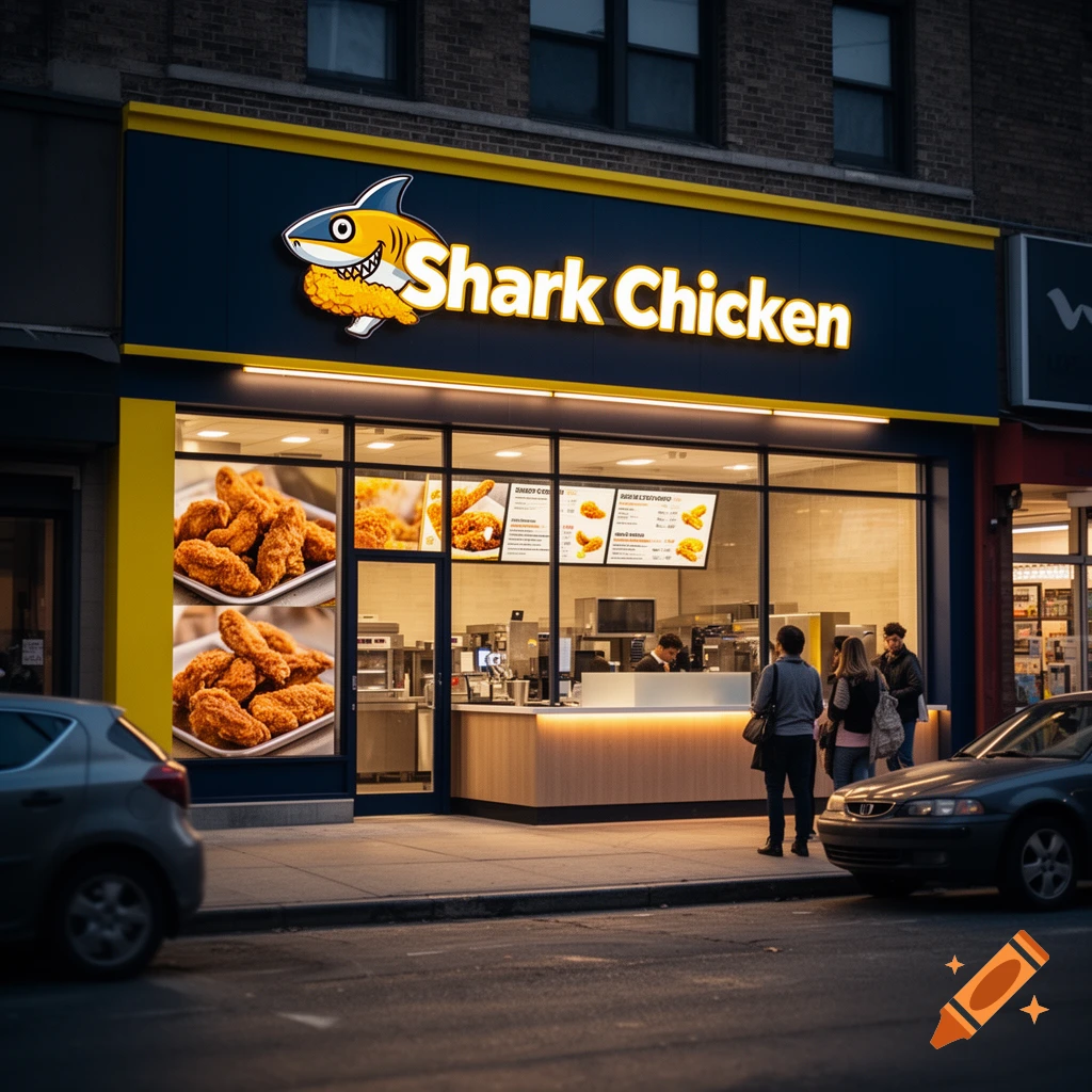 Photorealistic storefront of a fried chicken restaurant named Shark Chicken with a glowing shark logo at night.