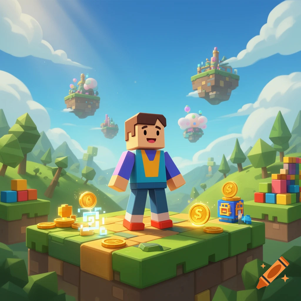 Blocky video game character standing on a floating grassy platform with gold coins and floating islands in a bright sky.