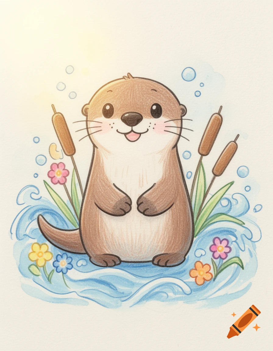 Child's drawing of a cute brown otter surrounded by water, bubbles, cattails, and colorful flowers in a watercolor style.
