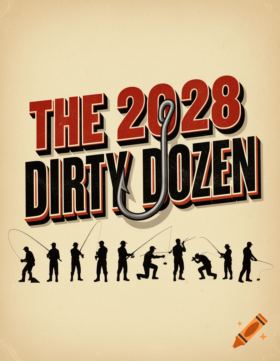 Vintage style graphic poster with the text 'The 2028 Dirty Dozen', a large gray fish hook, and silhouettes of twelve fishermen at the bottom.