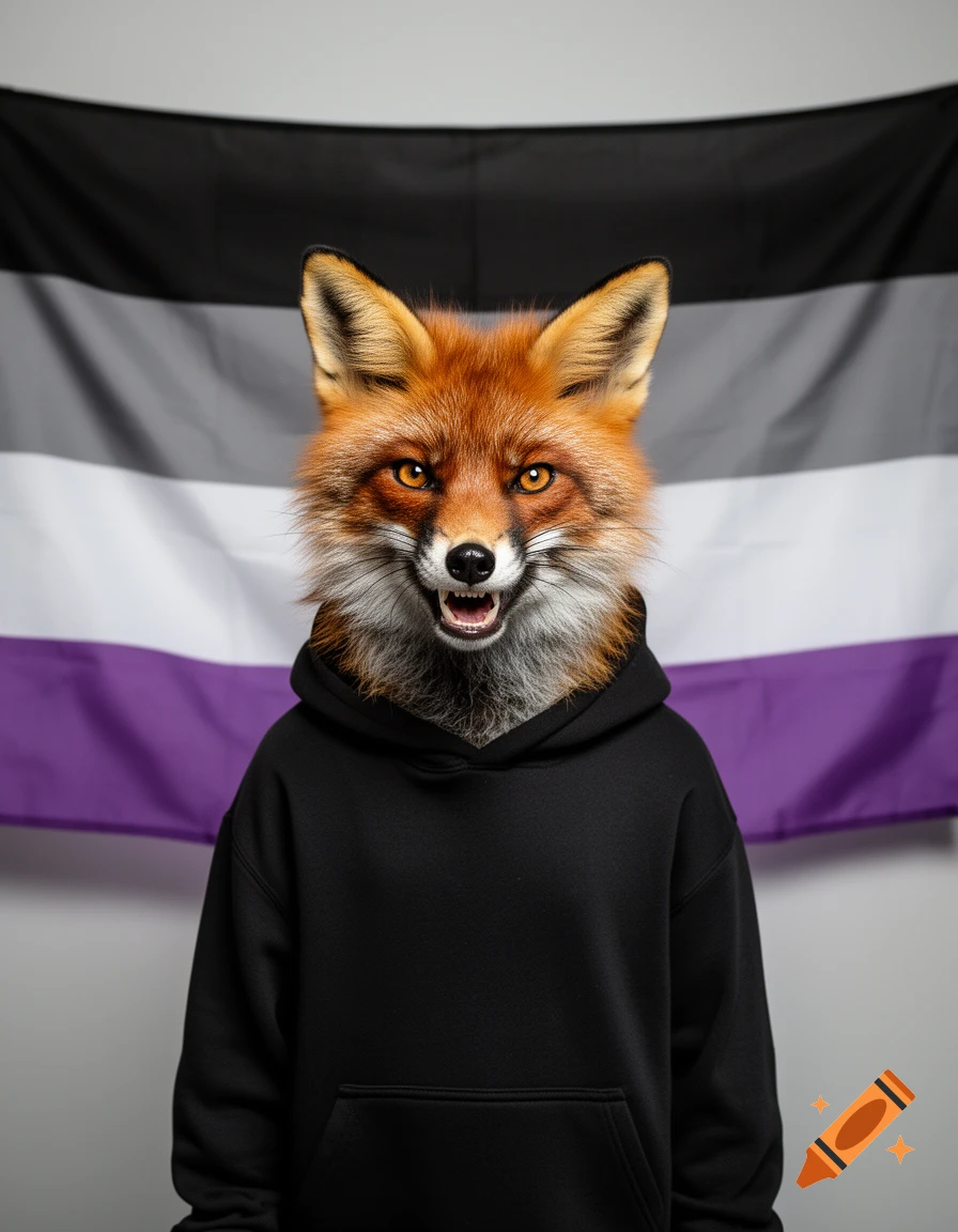 Photorealistic portrait of a fox with an aggressive expression wearing a black hoodie, in front of an asexual pride flag.
