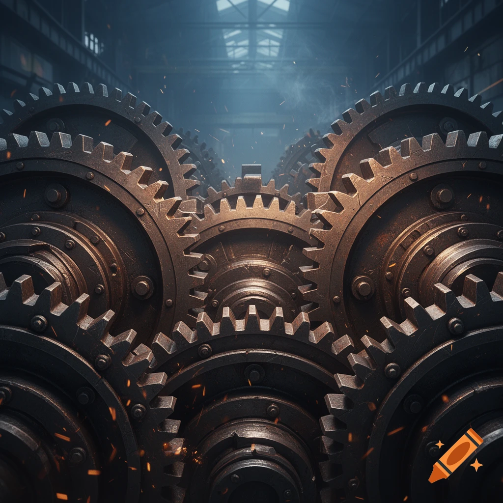Close-up front view of an intricate industrial gear mechanism with sparks and a misty background, photorealistic style.