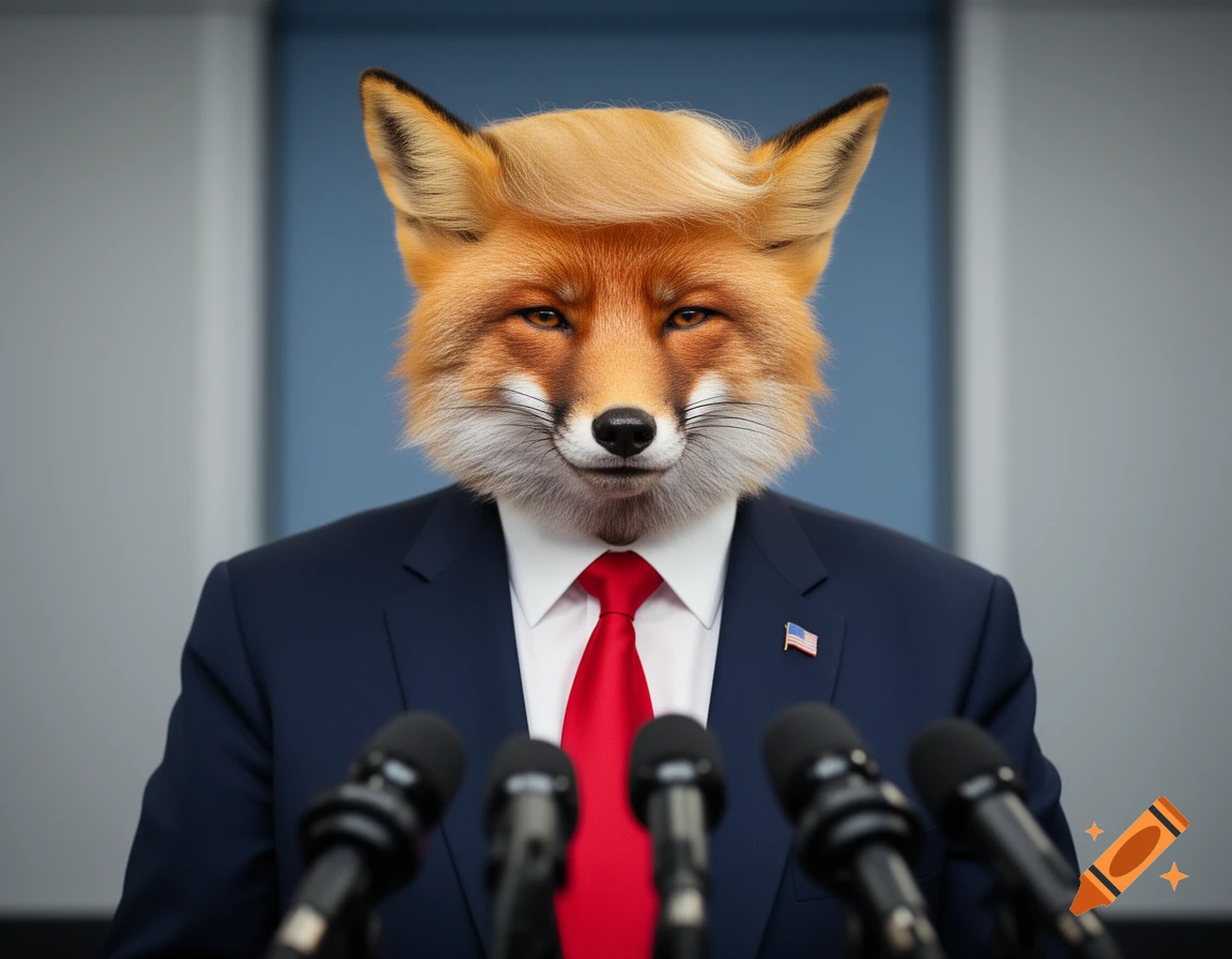 Photorealistic portrait of a red fox with Donald Trump's hair, wearing a suit and red tie at a podium with microphones.