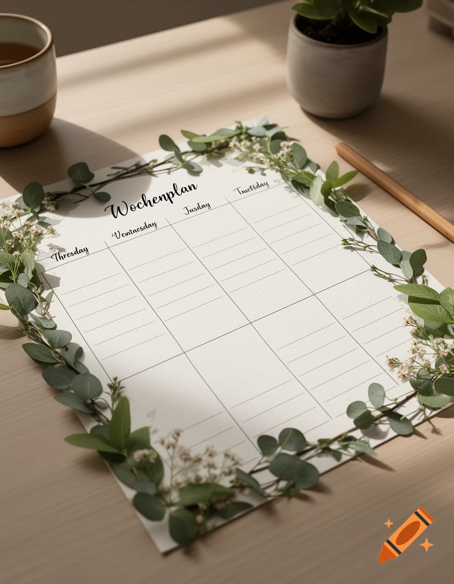 A weekly planner paper sheet decorated with eucalyptus branches and white flowers on a wooden desk with a cup and a potted plant.