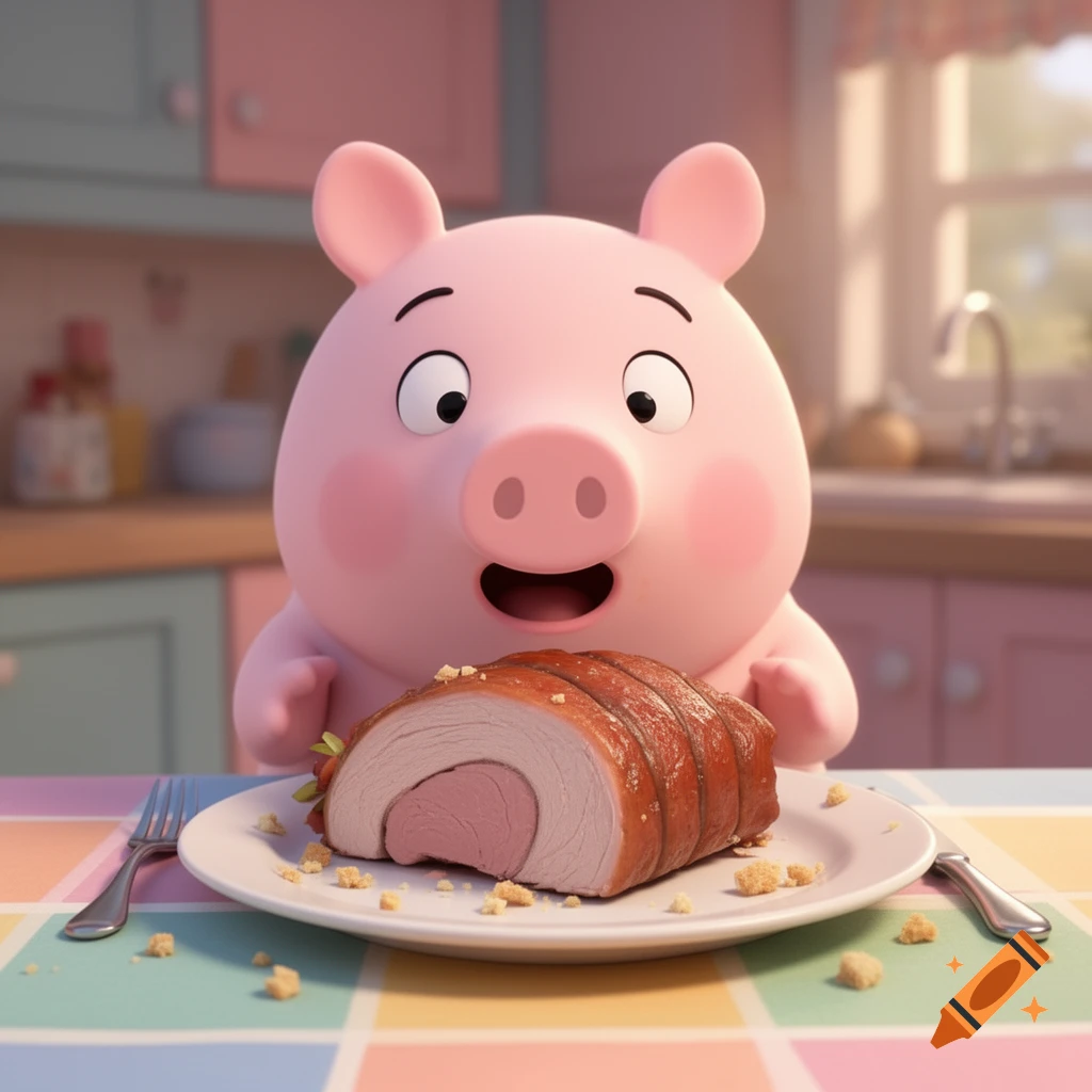 3D cartoon pig character sitting at a kitchen table looking at a sliced roast meat dish on a plate in 3D animation style.