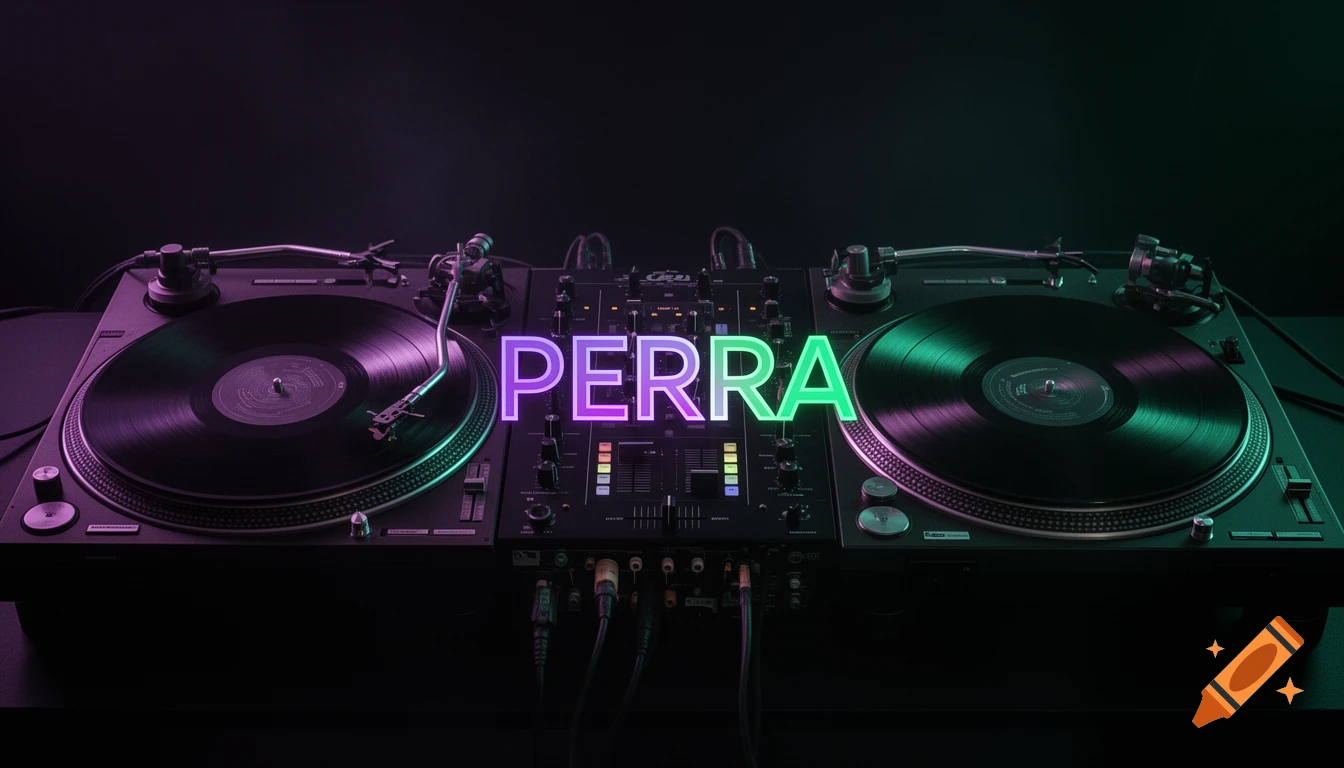 Photorealistic DJ setup with two turntables and a mixer, featuring glowing neon text that reads PERRA in purple and green.