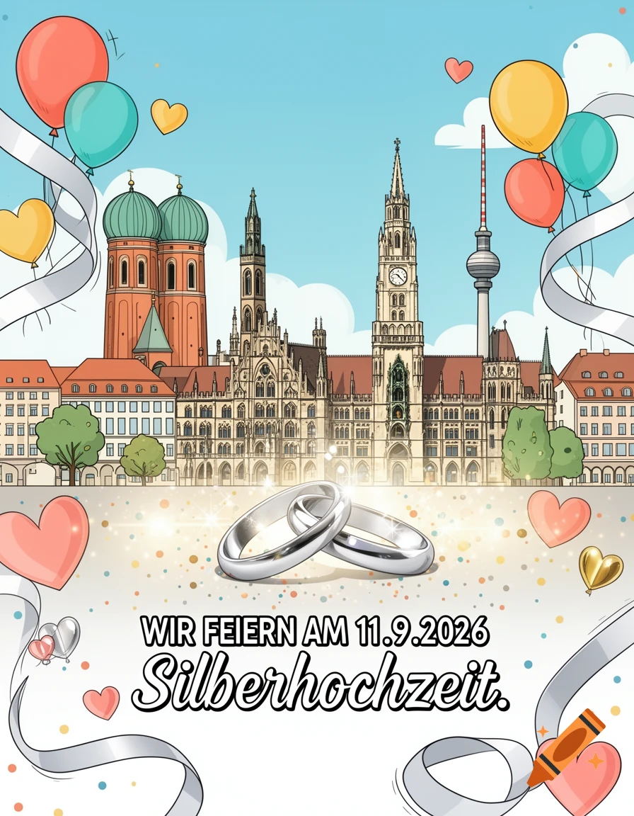 Comic-style illustration of Munich's skyline with wedding rings, balloons, confetti, and German text celebrating a 25th anniversary.
