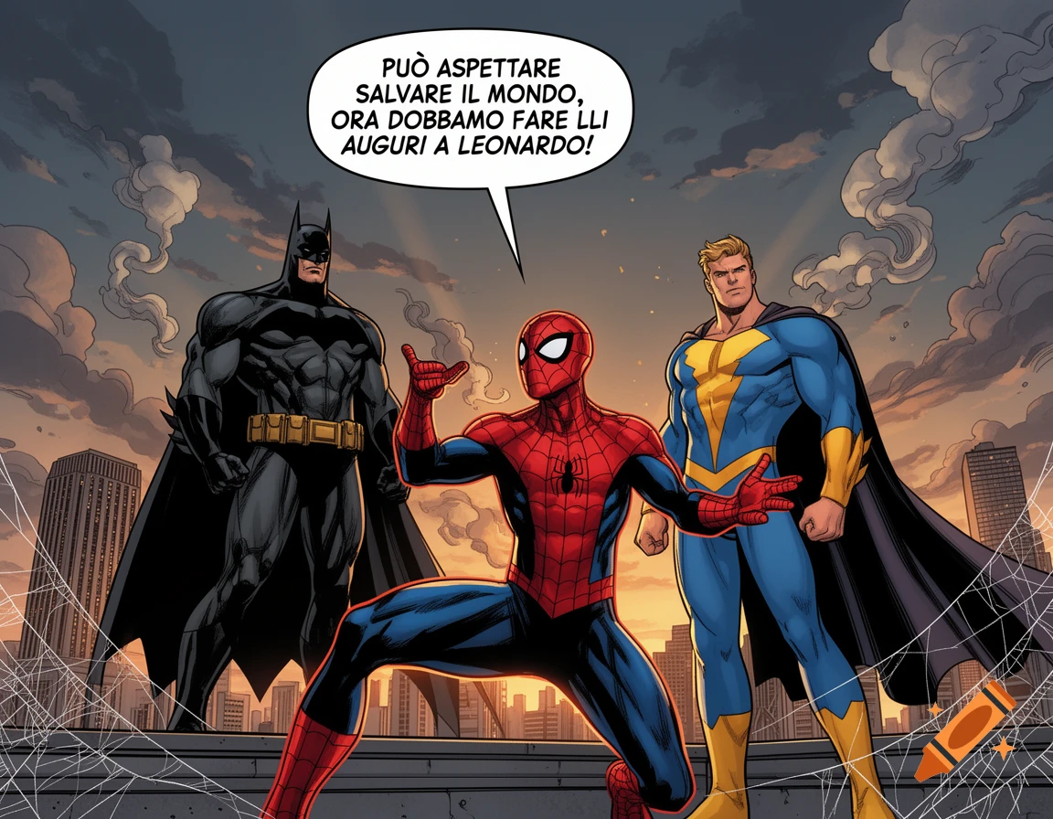 Comic book style illustration of Batman, Spider-Man, and a Superman-like hero standing on a rooftop at sunset, with a speech bubble.
