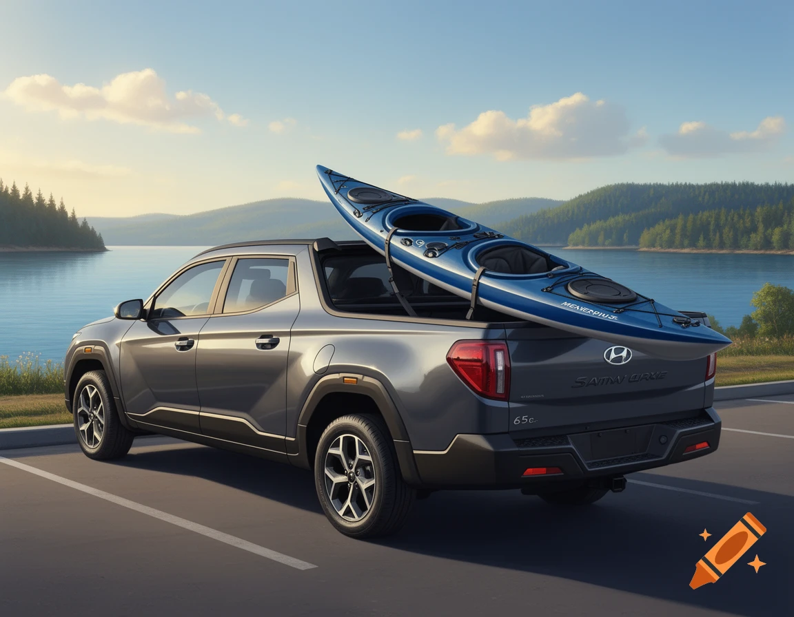 Photorealistic image of a gray pickup truck parked by a lake, carrying a blue kayak in its bed.