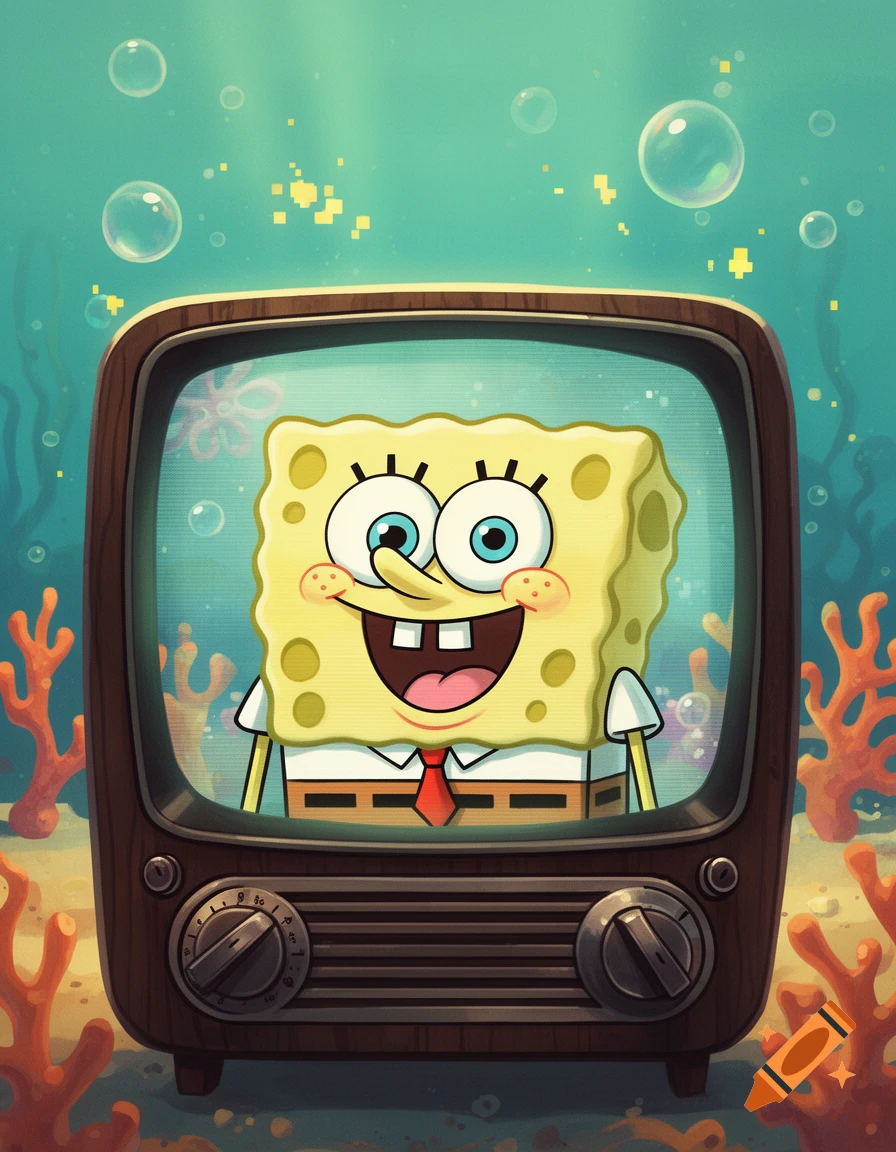 Spongebob Squarepants inside an old wooden television set underwater, cartoon style