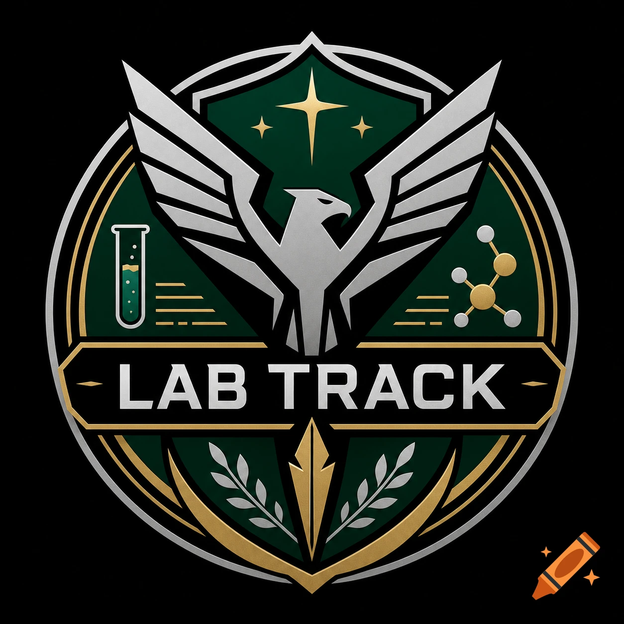 Round green and silver digital logo for Lab Track featuring a stylized eagle, starbursts, flask, and molecular structure.