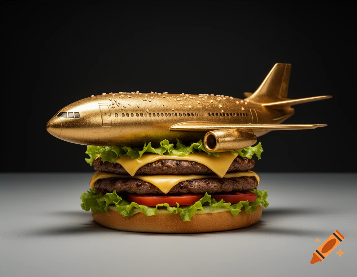 Photorealistic double cheeseburger topped with a golden airplane shaped like a McDonnell Douglas MD-11.