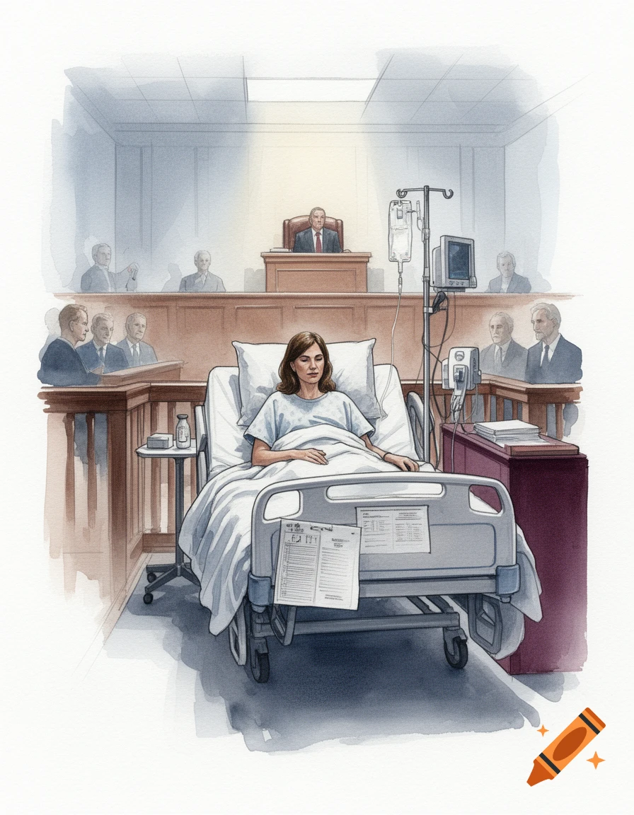 Watercolor courtroom drawing of a woman lying in a hospital bed with observers in the background.