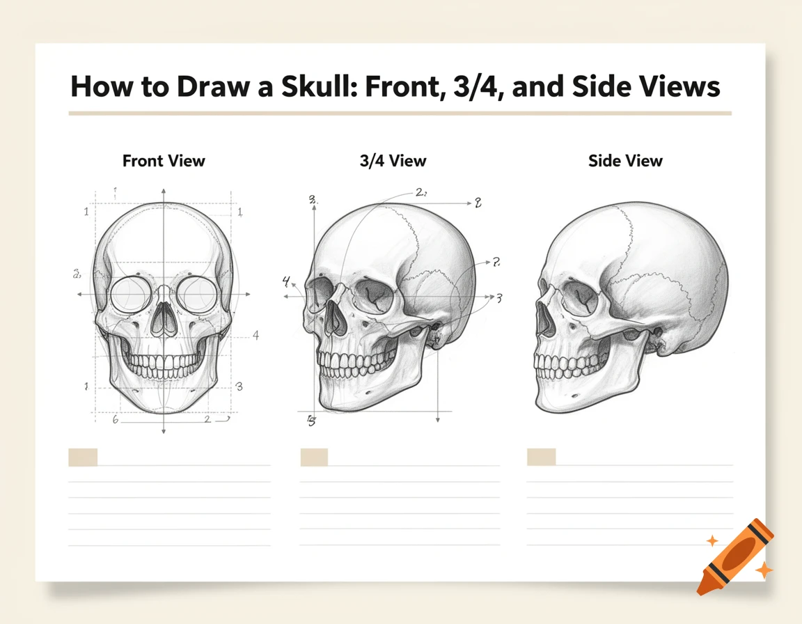 Workbook style step by step drawing guide of a skull in front, 3/4, and side views with pencil sketches.