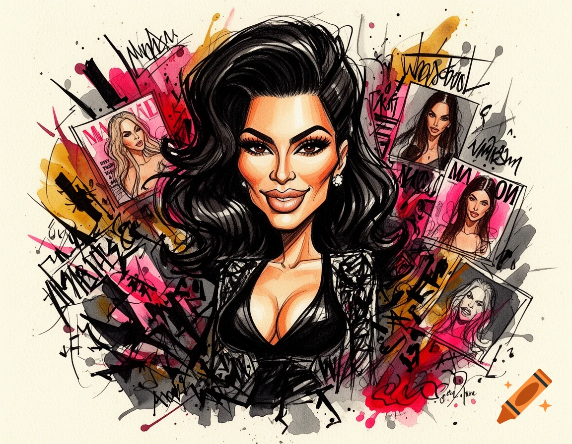 Caricature illustration of Kim Kardashian in a sketched style with graffiti and watercolor splashes.