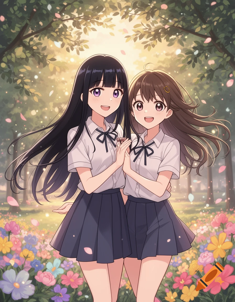 Anime illustration of two smiling schoolgirls holding hands in a park with cherry blossoms and flowers.