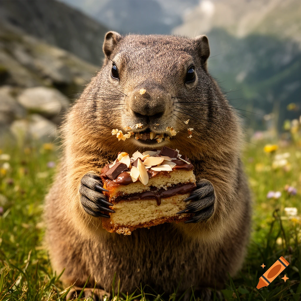 Close-up photorealistic image of a marmot eating a slice of almond and chocolate cake in a mountain meadow.