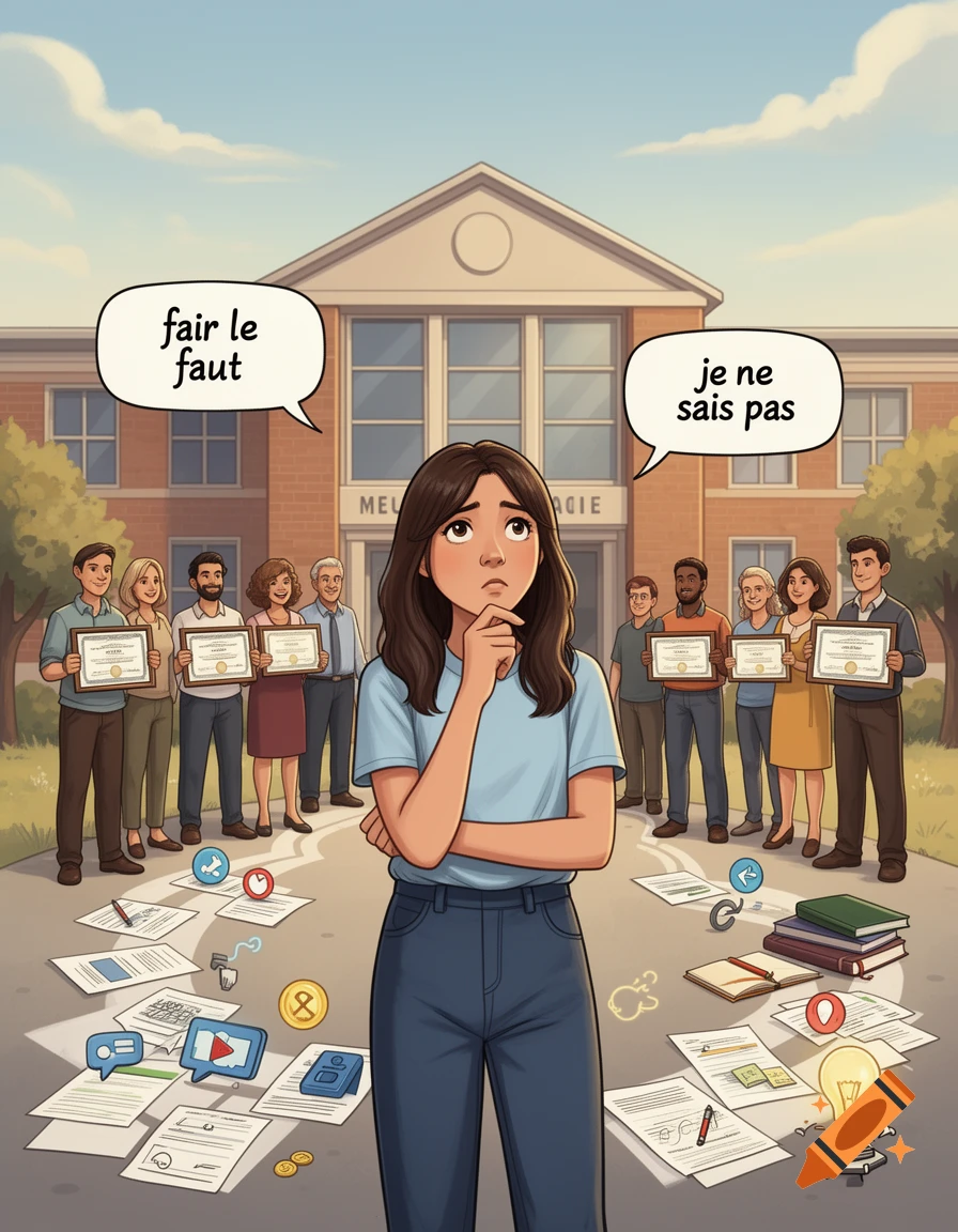An illustration of a stressed teenage girl thinking in front of a school, surrounded by scattered papers and parents holding diplomas.