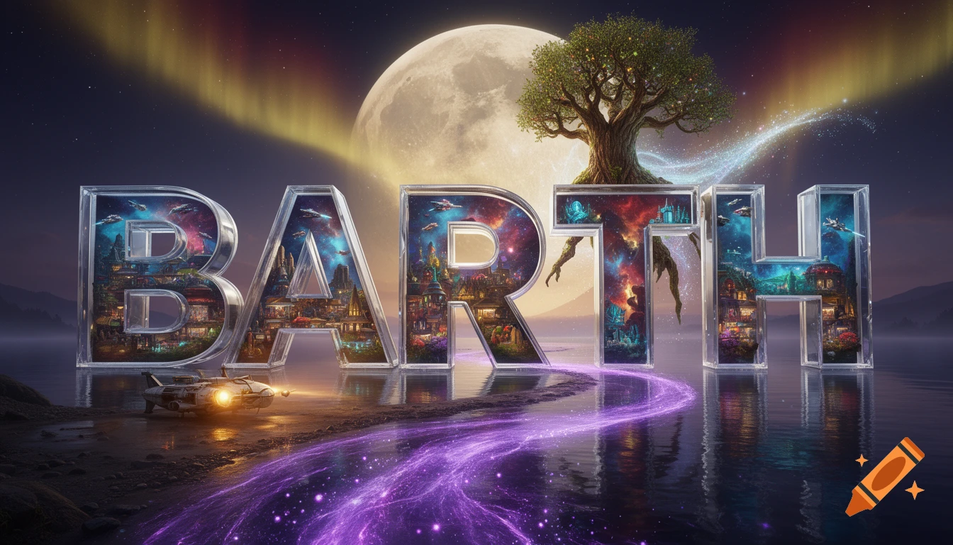 3D crystal letters spelling BARTH filled with cosmic space scenes, reflecting in calm water beneath a glowing moon and tree.
