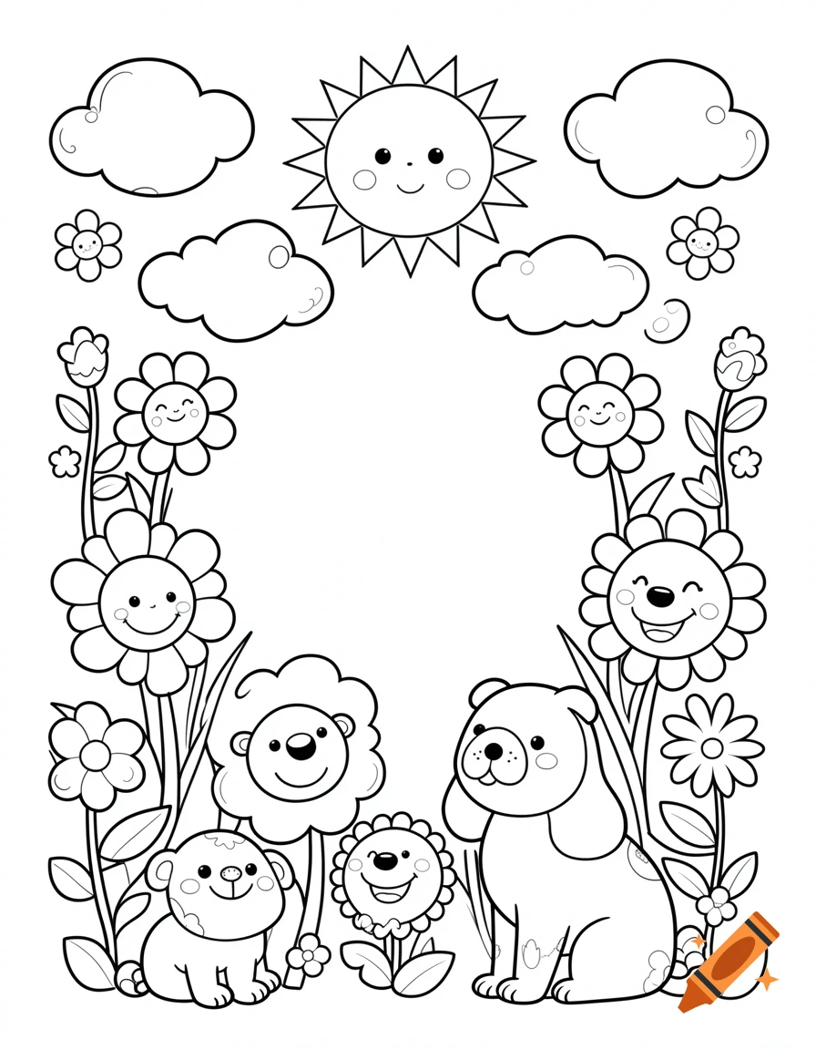 Black and white coloring page featuring smiling dogs, smiling flowers, clouds, and a sun, arranged in a frame.