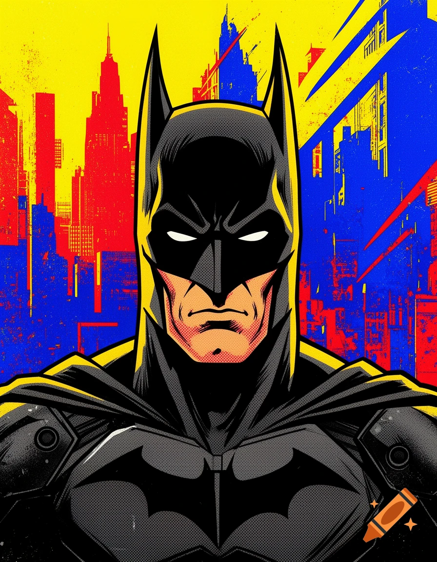 Pop art style portrait of Batman in front of a colorful cityscape background.