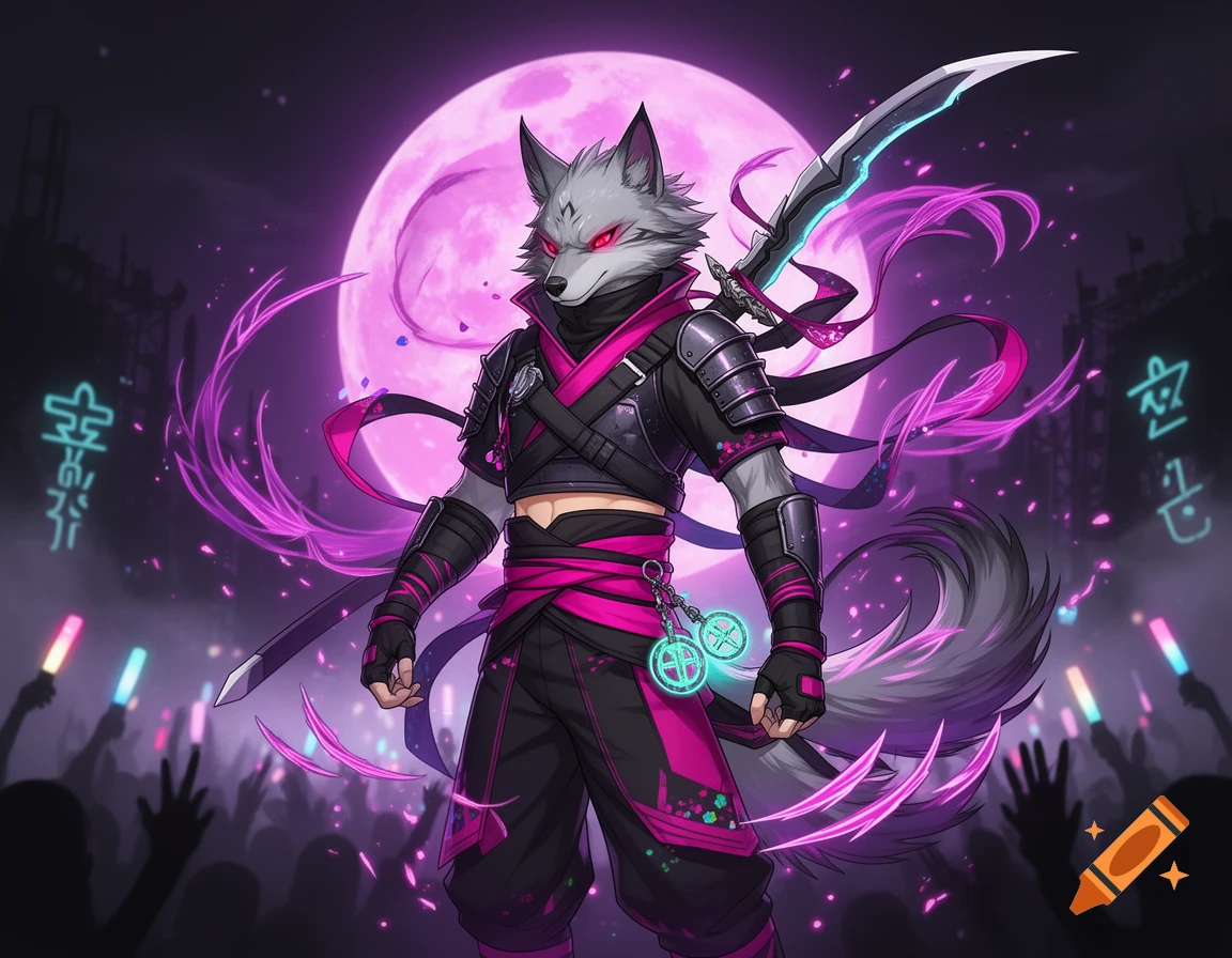 Anime style ninja wolf with glowing red eyes and sword against a pink moon background.
