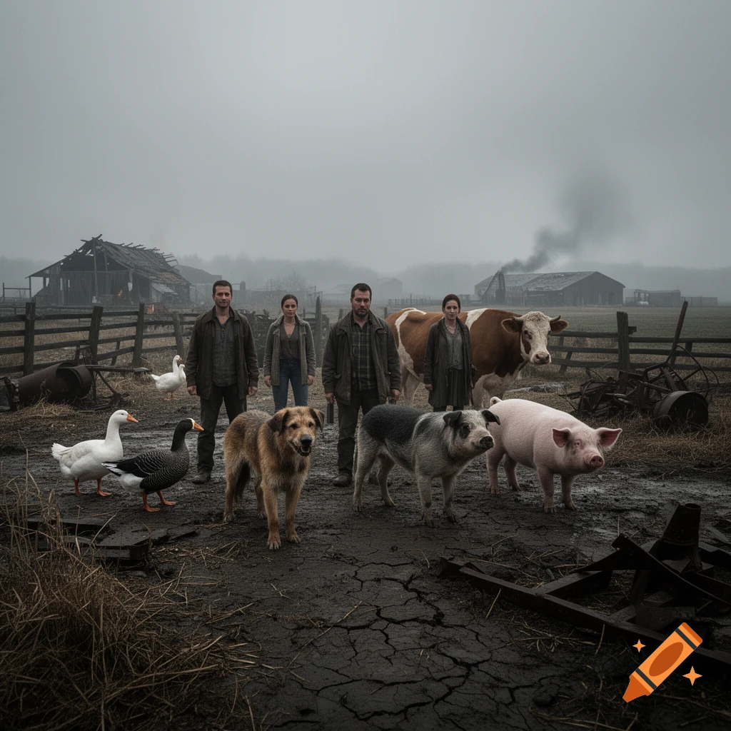 Photorealistic scene of four people and various farm animals standing in a muddy, fog-filled farmyard in an apocalyptic setting.