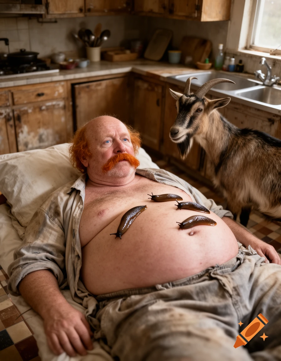 Photorealistic image of a bald, red-haired, bearded man lying in a rustic kitchen bed with slugs on his belly and a goat watching.