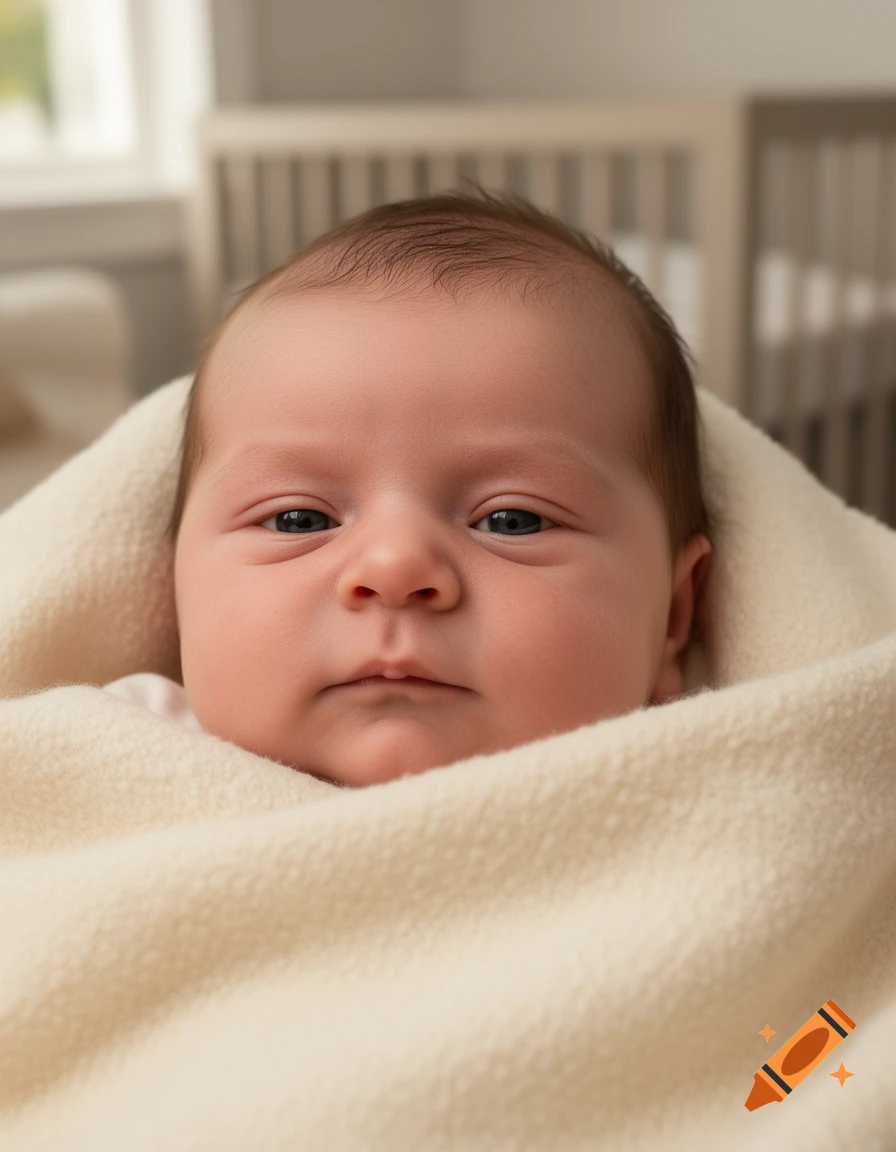 Close-up photorealistic portrait of a newborn baby wrapped in a soft white blanket.