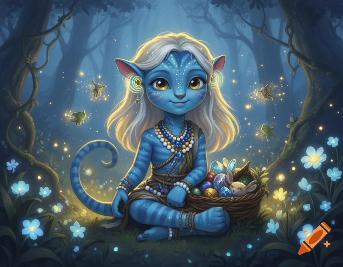 Digital illustration of a blue Na'vi child with white-gold hair, glowing freckles, and a tail, sitting in a glowing forest holding a basket.