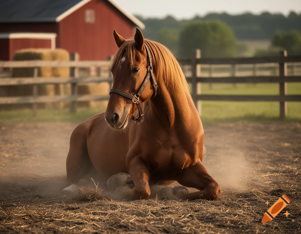 Photorealistic image of a brown horse sitting down in a dusty paddock with a red barn in the background.