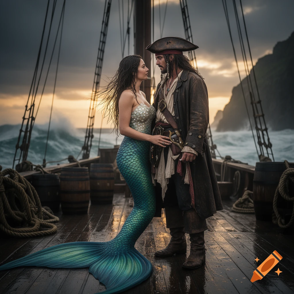 Photorealistic image of a mermaid with a turquoise tail and a pirate standing on a wooden ship deck during sunset.