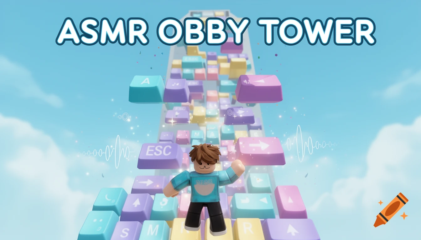 Roblox style character standing on a tower of pastel keyboard keycaps against a blue sky with clouds, featuring the text ASMR OBBY TOWER