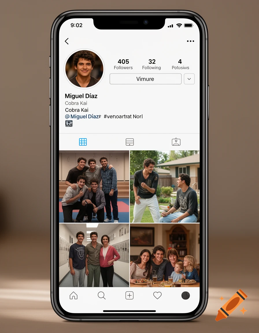A smartphone displaying a social media profile for Miguel Diaz from Cobra Kai with photos of friends and family.