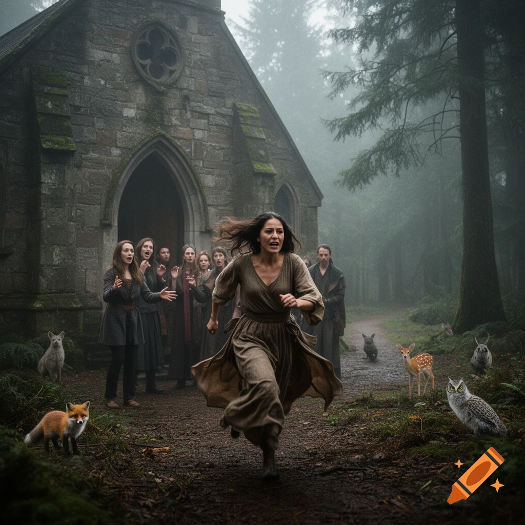 A panicked woman in a brown dress running away from a group of people near a stone church in a foggy forest with animals.
