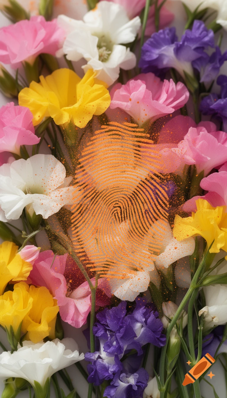 Close-up photorealistic arrangement of colorful carnations with a fingerprint pattern made of orange dust overlaid.