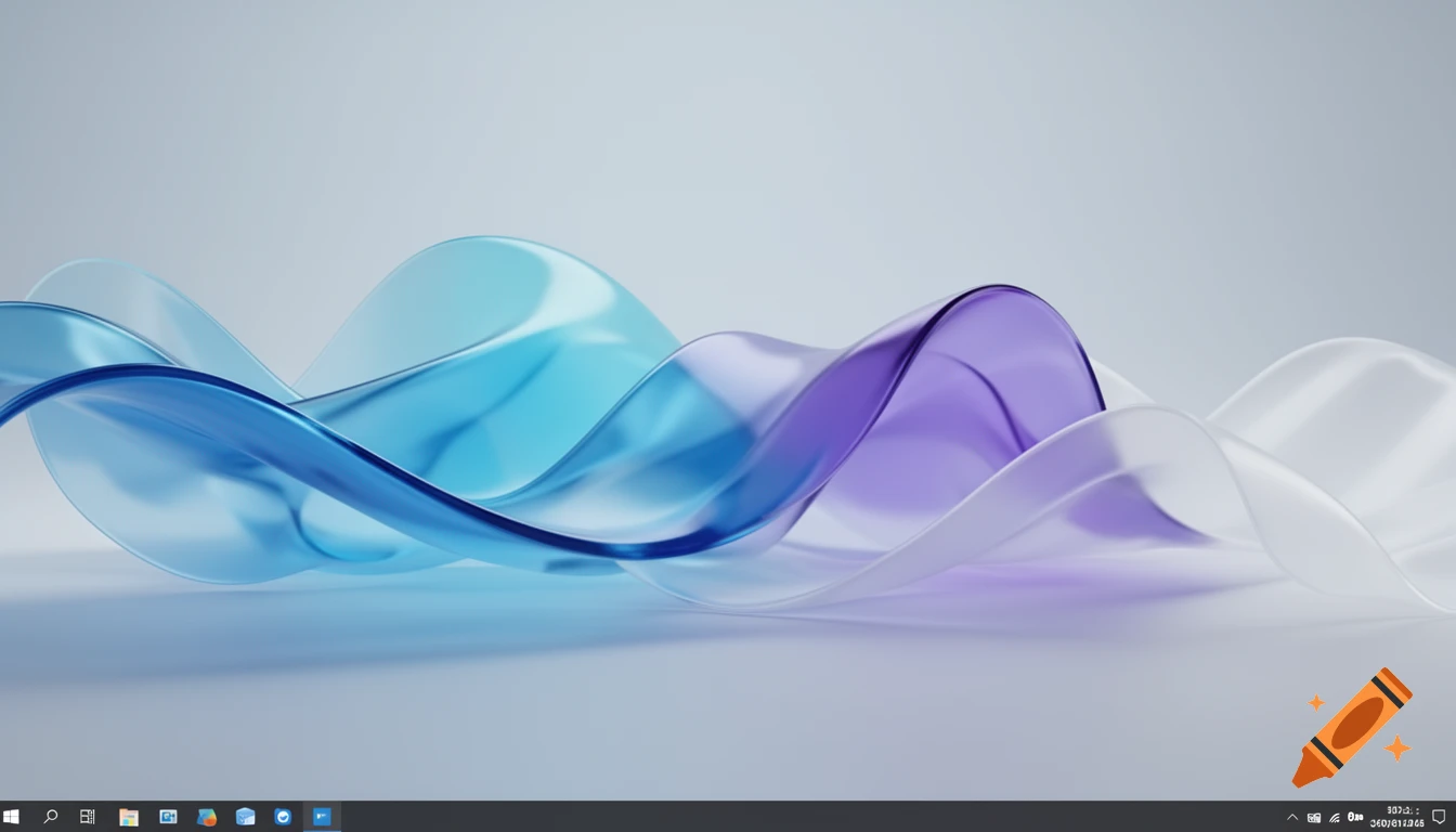 Abstract 3D glass waves in blue and purple tones on a light gray background.
