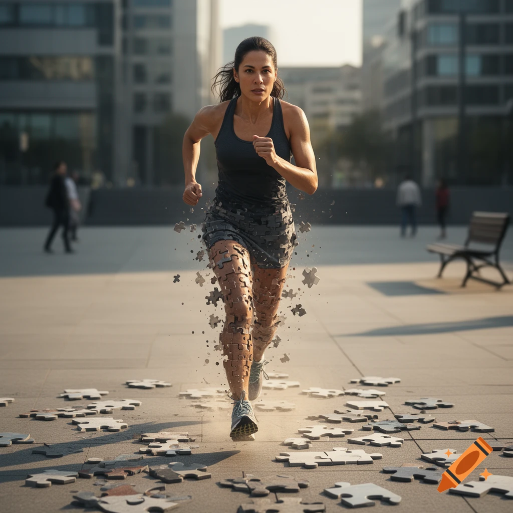 Photorealistic image of a woman running outdoors as her legs disintegrate into puzzle pieces scattered on the ground.